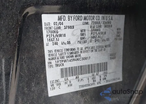 2004 Ford F150 Supercrew from USA, damaged, VIN 1FTPW14594KC30817